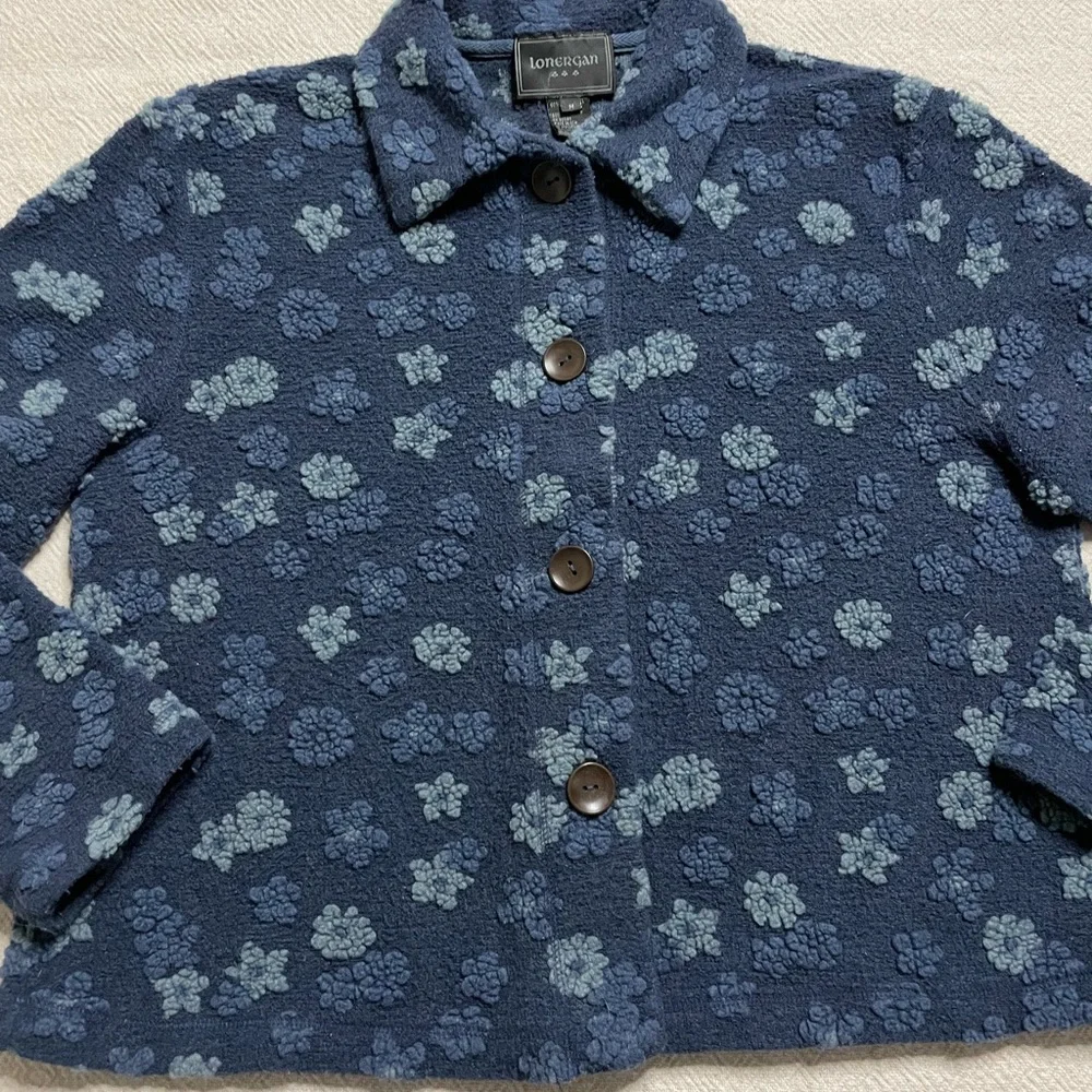 VTG 90s Fleece Blue Textured Floral Shacket Jacket M - Picture 2 of 7